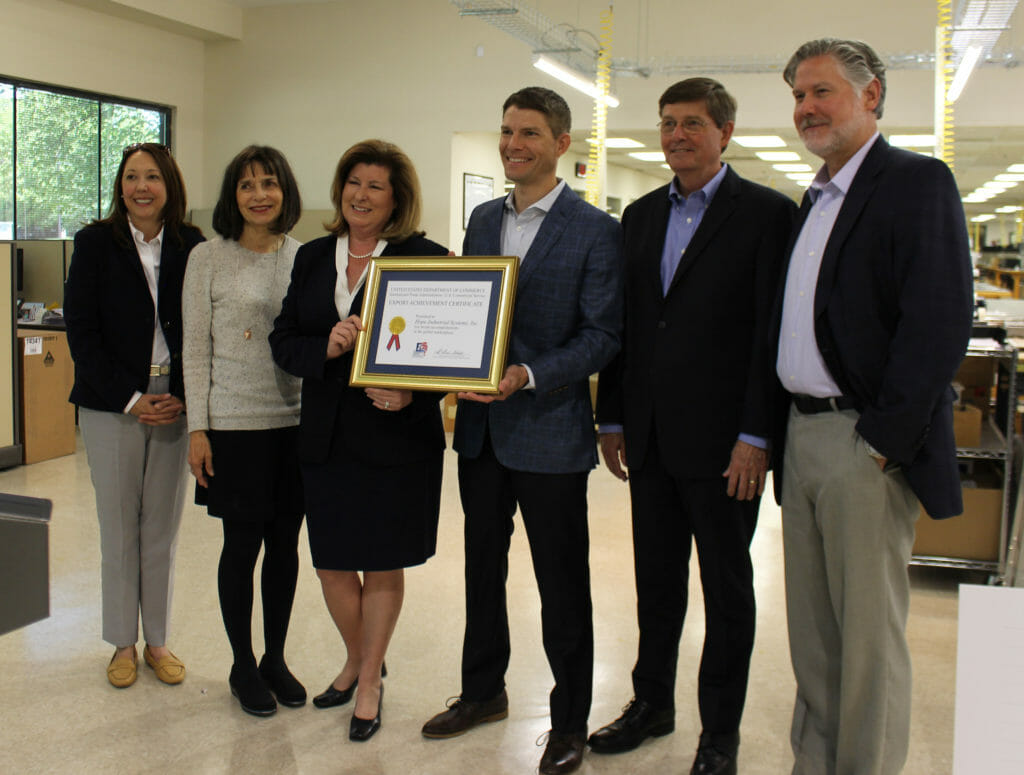 Dina Molaison (U.S. Commercial Service), Karen Handel (U.S. Congress), and George Tracy (U.S. Commercial Service) presenting U.S. Commercial Service Export Achievement Award to Hope Industrial