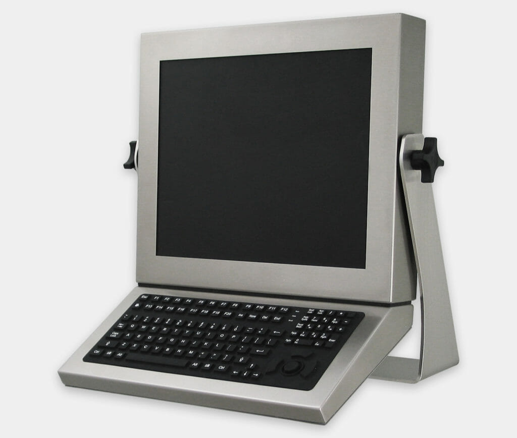 IP65/IP66 Full-Travel Monitor-Mounted Keyboard with Button Pointer, mounted on Universal Mount Monitor