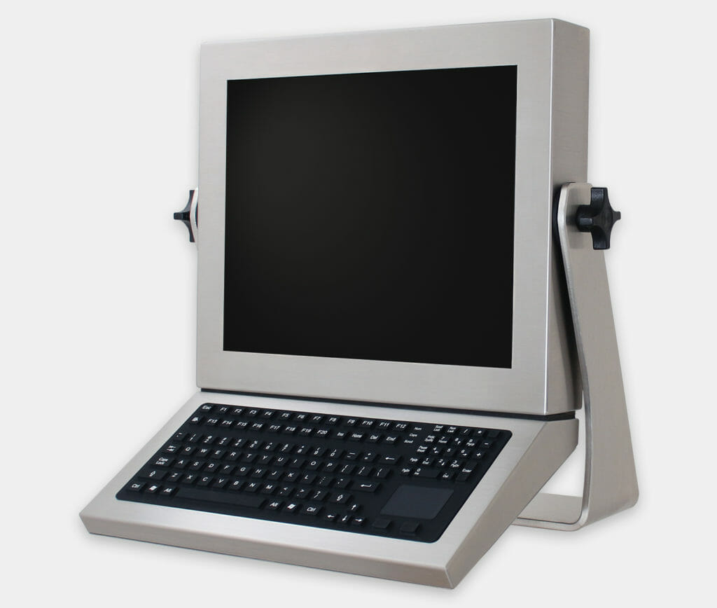 IP65/IP66 Full-Travel Monitor-Mounted Keyboard with touchpad, mounted on Universal Mount Monitor