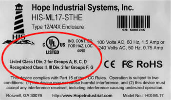 Sample label from a 17" Stainless Panel Mount Monitor with hazardous location ratings noted