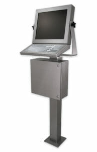 Industrial Workstation Configuration with IP65/IP66 Universal Mount Monitor, Thin Client Enclosure, and Pedestal Mount