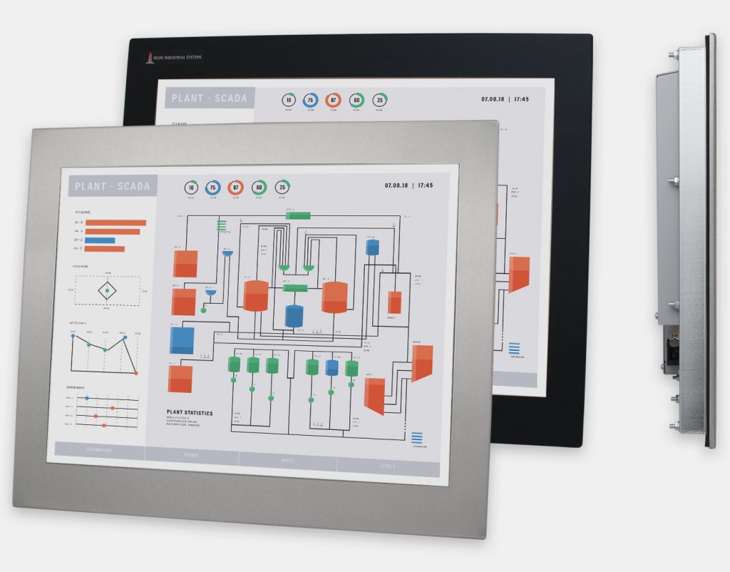 20" Panel Mount Industrial Monitors and IP65/IP66 Rugged Touch Screens, front and side views