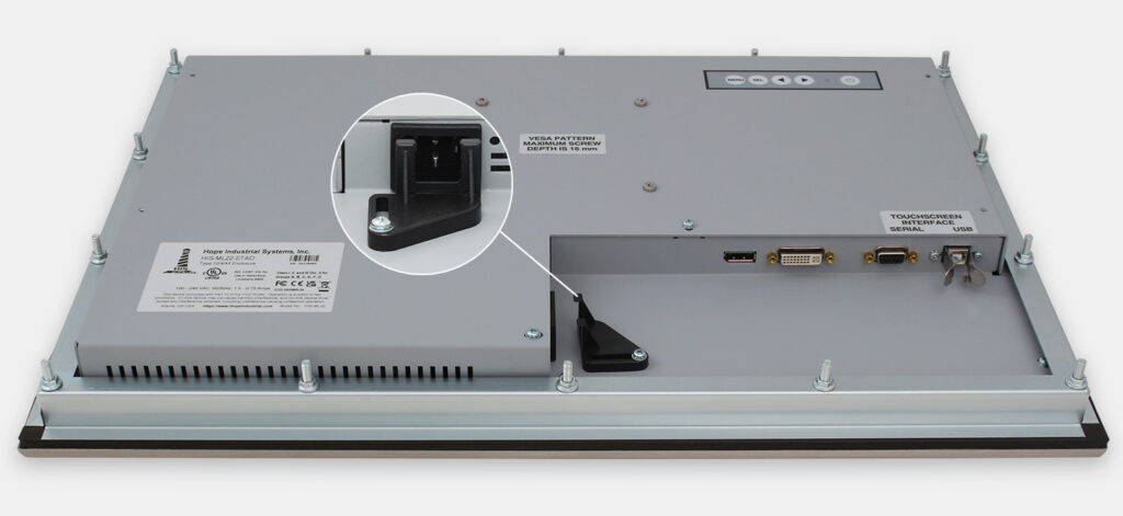 22" Widescreen Panel Mount Industrial Monitors and IP65/IP66 Rugged Touch Screens, AC cable exit view
