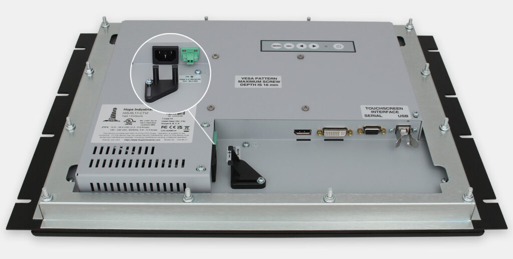 17" Rack Mount Industrial Monitors and IP20 Rugged Touch Screens, cable exit view